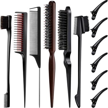 12 Pieces Black Hair Brush Set for Stylists: Teasing Brush, Edge Brush, Rat Tail Comb, Double-Sided Nylon Boar Bristle Brush, 3 Row Duckbill Clips for Salon Hair Styling and Sectioning