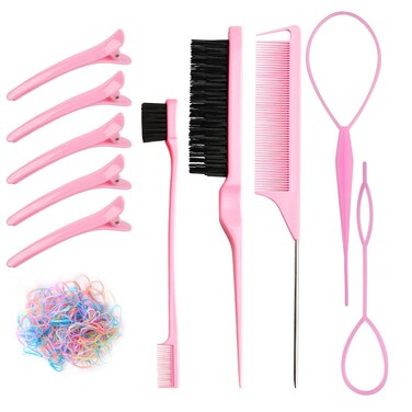 7 Pcs Pink Hair Brush Set - Bristle Brush, Double Sided Brush, Topsy Tail Tools, Edge Control Brush, Metal Pin Rat Tail Combs for Styling