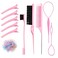 7 Pcs Pink Hair Brush Set - Bristle Brush, Double Sided Brush, Topsy Tail Tools, Edge Control Brush, Metal Pin Rat Tail Combs for Styling