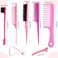 15-Piece Boar Bristle Brush Set with Fluffy Brush, Rat Tail Comb, Triple Teasing Comb, Dual Edge Brush, and 10 Duckbill Clips for Women (Pink and Black)