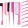 15-Piece Boar Bristle Brush Set with Fluffy Brush, Rat Tail Comb, Triple Teasing Comb, Dual Edge Brush, and 10 Duckbill Clips for Women (Pink and Black)