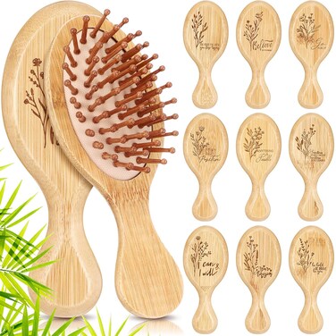 Nuogo 10 Pcs Inspirational Gift Mini Hair Brush for Women Men Aesthetic Wooden Hairbrush Paddle Comb Brush for Curly or Long Hair Thank You Gifts for Team Coworker Teacher Nurse (Classic)