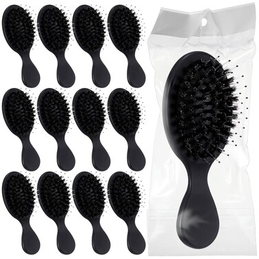 12 Pcs Mini Boar Bristle Hair Brush Bulk Small Boar Hair Brushes Pack Black Detangling Brushes Individually Wrapped Wet Hairbrush for Homeless Women Travel Hotel Charity
