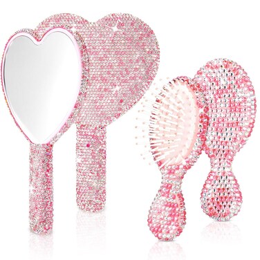 Thyle 4 Pcs Rhinestone Handheld Mirror and Bling Hair Brush Set 2 Cute Heart Shaped Mirror 2 Wet and Dry Hair Brush for Women, Girls Bride, Bridesmaid Gift(Pink)