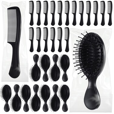 48 Pcs Mini Hair Brush and Combs Set Bulk for Homeless Individually Wrapped Curly Hair Thick Long Smoothing Hair Brush Detangling Brush for Women Men Kids Hotel Nursing Charity(Black)