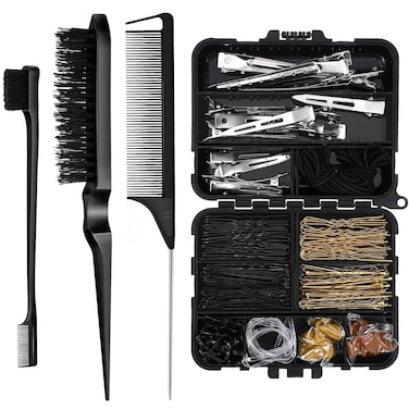 160 Pcs Hair Bobby Pins Kit Dance Stuff Cosmetology Kit with Slick Back Hair Brush Set and Storage Box Hair Accessories Kit with Edge Bristle Brush Rat Tail Comb Dance Cheerleading(Black)