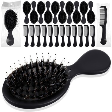 24 Pcs Mini Wet Hair Brush Combs Bulk Individually Wrapped Boar Bristle Hair Brushes and Disposable Combs for Travel Hotel Homeless Shelter Church Fine Cutting