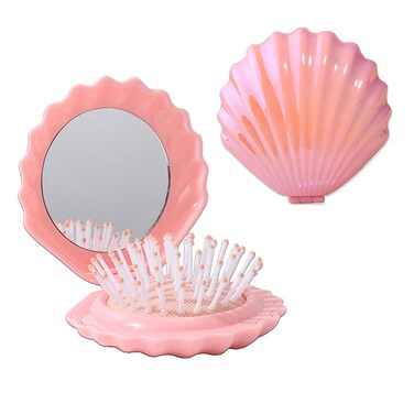 Mini Hair Brush Travel Hair Brush with Mirror Shell Shape, Folding Compact Hair Brush Mini Brush for Purse Cute Mini Hairbrush Foldable Pocket Hair Brush Massage Comb, Pink