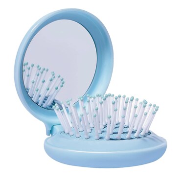 Travel Hairbrush and Mirror Set for Women, Folding Brush with Compact Mirror for Purse or Backpack, Cute Baby Blue Gift
