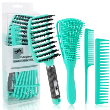 4pcs Curly Hair Brush Set for Adult &amp; Kids Wet or Dry, Detangling &amp; Wide Tooth Comb with Hair Detangler (4, Green)
