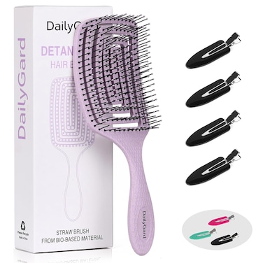 Detangling Brush, Dry and Wet Vented Detangler Hair Brush for Women and Men, Professional Paddle Curved Styling Hairbrush with 4 Randomly Coloured Hair Clips(Black, Pink or Green), Purple