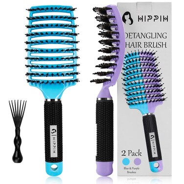 Boar Bristle Hair Brush 2 Pack, HIPPIH Wet &amp; Dry No Pull Curved Vented Hair Brush, Styling Voremy Magical Brush Detangler for Kids &amp; Men, Hairbrush for Women Can Adds Shine &amp; Smooth Curly Thick Hair
