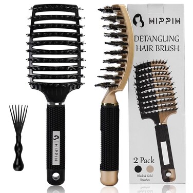 Boar Hair Brushes 2 Pack, Suitable for Men, Women &amp; Kids&rsquo; Long Curly Wet or Dry Hair, HIPPIH Hairbrush for Thick Hair Can Adds Shine and Makes Hair Smooth