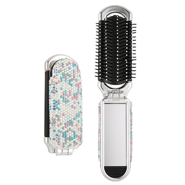 AsAlways Shiny Rhinestone Crystal Travel Hair Brush with Mirror Bling Diamonds Folding Hair Massage Comb Compact Portable Small Mini Hair Brush for Purse Wet &amp; Dry Detangling(Rainbow)