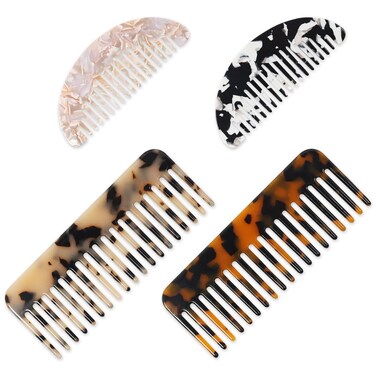 4 Pcs Mini Cellulose Wide Tooth Comb Hair Detangling Comb, Small Portable Side Combs for Wet and Dry Hair, French Comb Wide Tooth Comb for Thick Curly Wavy Hair (Tortoise Shell, Ivory, Black)
