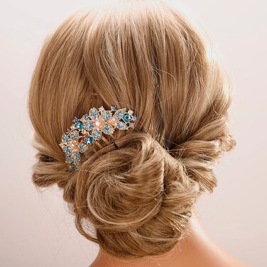 Aimimier Double Flower Crystal French Hair Comb Shinny Rhinestone Gem Side Combs Long Teeth Hair Clips Bridal Hair Accessories for Women Girls(Blue)