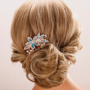 Aimimier Bridal Wedding Flower Leaf Crystal Hair Comb Dainty Rhinestone Gem Side Combs Long Teeth Hair Pins Floral Hair Accessories for Women Girls(Blue)