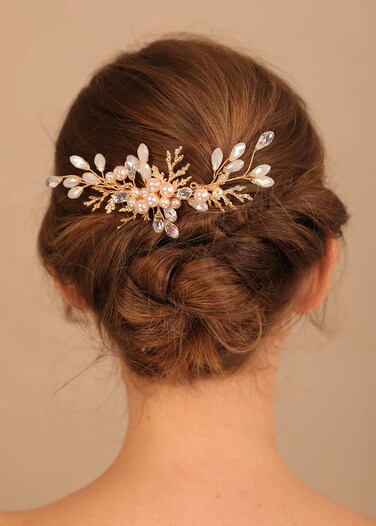 Denifery Crystal and Perls Bridal Hair Comb Gold Leaves and Pearls Hair Comb Bridal Hair Accessories Bridal Hair Comb Wedding Hair Accessories