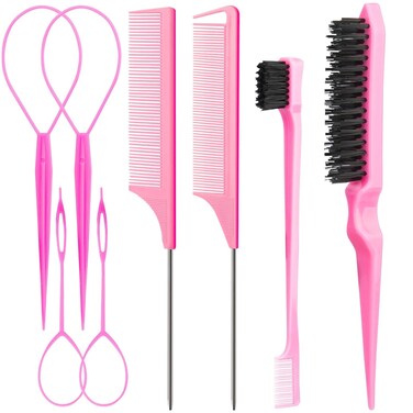 Aigee 8Pcs Hair Styling Combs Set Include 4Pcs Topsy Hair Tail Tools 2 Styles of Rat Tail Comb,1Pcs Bristle Teasing And Slick Back Hair Brush,1Pcs Edge Control Brush,Eyebrow Brush for Woman Girl Pink