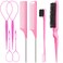 Aigee 8Pcs Hair Styling Combs Set Include 4Pcs Topsy Hair Tail Tools 2 Styles of Rat Tail Comb,1Pcs Bristle Teasing And Slick Back Hair Brush,1Pcs Edge Control Brush,Eyebrow Brush for Woman Girl Pink