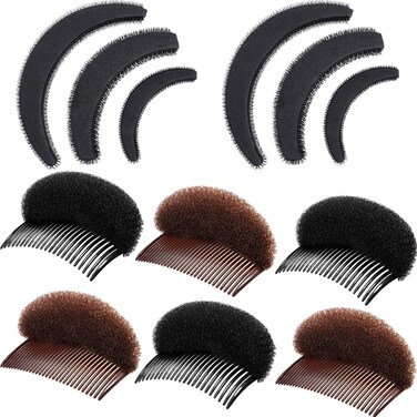 10 Pieces Hair Volumizing Accessories Set - Braiding Tool, Hair Bump Base, and Volume Haircomb for Women Lady Costume(Black, Brown)
