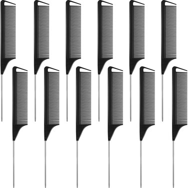 Boao 12 Packs Rat Tail Combs Black Hair Comb Stainless Steel Pin Tail Carbon Fiber Heat Resistant for Women Braids Hair Styling(Black)