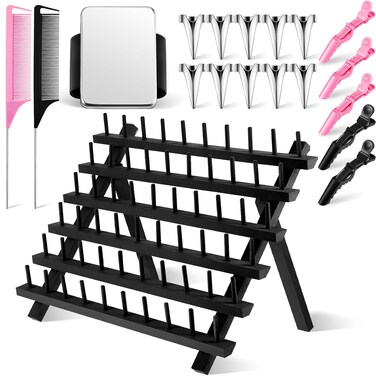 19 Pcs Hair Braiding Tools Set with Wooden Rack, Alligator Sectioning Clips, Steel Rat Tail Comb, Parting Ring (Black)