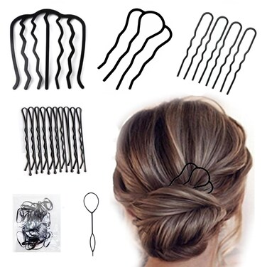 16PCS Metal Hair Side Combs Hair Fork Clip with Mini Rubber Band and Plastic Magic Pull Hair Pin, U-Shape Hair Sticks Teeth Hair Pin Stick for Women Hair Styling Tool Accessories Women Decoration