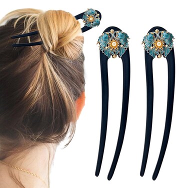 2 Pack U Shape Wooden Hair Sticks, Handmade Carved Ebony Sandalwood Hair Forks, French Hair Pins for Women Chopsticks Updo Chignon Clips for Chignon Bun Updo Hairstyle