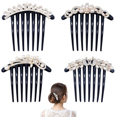 Hair Comb, 4 Pcs Pearls Rhinestones Flower Hair Combs Pins, Vintage Wedding Headpieces Hair Tools, Hair Accessory for Women and Girls, Thick Hair, Black &amp; White, Daily present