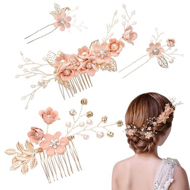 4PCS Wedding Bridal Hair Accessories, Pearl Hair Side Combs Set for Women Girls, Rose Gold Hair Pins, Floral Leaf Crystal Headpiece