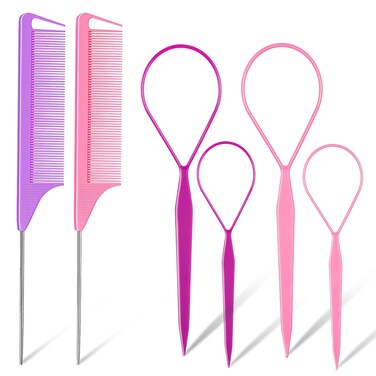 TsMADDTs Hair Loop Tool Set, 6Pack with 2Pairs French Braid Tool Loop 2Pcs Rat Tail Comb for Hair Styling, Purple&amp;Pink