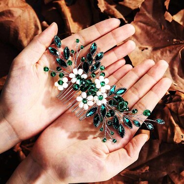 JONKY Bridal Hair Comb Crystal Wedding Hair Piece Floral Pearl Hair Side Combs Bride Hair Accessories for women (Green)