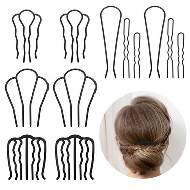 inSowni 12 Pack Smooth Black Metal Hair Side Combs U-shaped Hair Pins Hair Sticks Forks French Twist Bun Updo Hair Style Tools Accessories for Women Girls