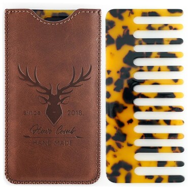 Cellulose Wide Tooth Comb Detangler for Women Curly Hair, Wet Hair, Thick Hair,Small Travel Detangling Comb with Case for Men (Tortoise Shell Color)