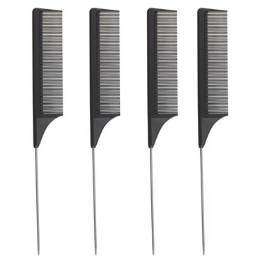 4 Pack Carbon Fiber Rat Tail Combs - Carbon Fiber, Stainless Steel Pintail, Heat Resistant, Hair Comb Set for Braiding, Parting, and Styling, 9 Inches Long - Black Combs for Women and Men