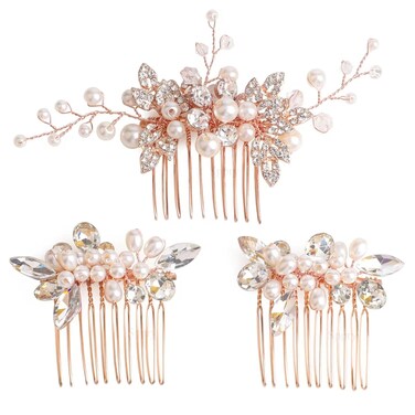 Bridal Hair Comb - Bendable Pearl Crystal Hair Accessory for Women at Wedding, Rose Gold
