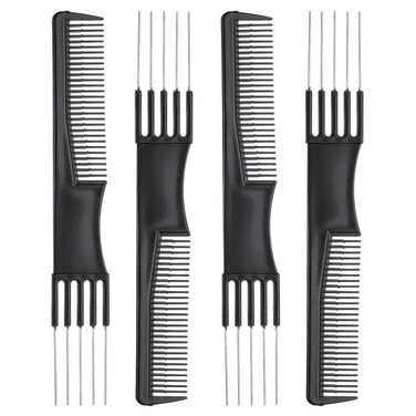 Black Combs with Carbon Lift &amp; 5 Steel Pins, Metal Prong Teasing Comb for Salon Hair Styling