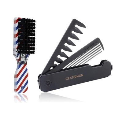 2 Pcs Folding Hair Comb for Men with Barber Brush Set, 2 in 1 Pocket Combs - Fine Tooth Comb &amp; Wide Tooth Comb, Fade Brush and Styling Comb for Beards and Mustaches (Blue)