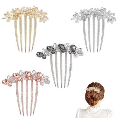 4 PCS Flower Rhinestones Hair Combs Crystal Opal Hair Side Combs Women Rhinestone Inlaid Flower Hair Comb Metal Hair Side Combs with Long Teeth Bun Slides for Women Girls Brides