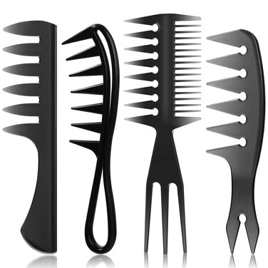 Sieral 4 Pcs Hair Comb Styling Set Double Side Tail Combs with Pick Barber Wide Tooth Tool for Men Women Beard Hairstylist Tools African American Accessories, Black, 4 Styles