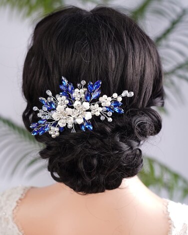 Kercisbeauty Flower Hair Comb for Women and Girls Wedding Bridal Crystal Hair Piece (Blue)