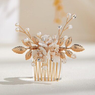 AW BRIDAL Ceramic Flower Wedding Hair Accessories for Brides Wedding Hair Combs Gold Bridal Hair Pieces for Women Girls