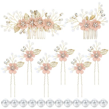 20 Pieces Bridal Wedding Party Prom Rhinestone Pearl Pink Flower Hair Side Combs Slides+U-shaped Flower Hair Pins+ Twist Spiral Pearl Hair Pins Headpieces for Brides Bridesmaids Women Girls