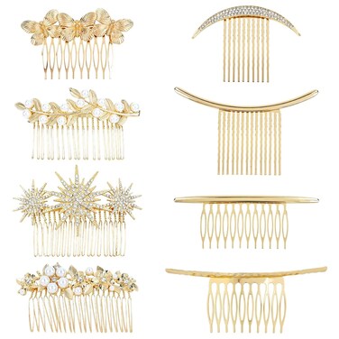 8 Pieces Gold Metal Vintage Pearl Rhinestone Butterfly Flower Leaf Sun Moon Prom Bridal Wedding Hair Side Combs French Twist Hair Pins Grips Headpieces for Women Girls