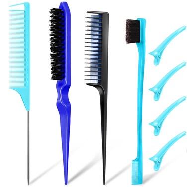 8 Pcs Hair Styling Set - Dual Edge Teasing Brush, Triple Teasing Comb, Rat Tail Comb, Grooming Clips for Women, Girls, Stylists (Blue)