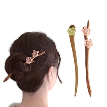 2 Pcs Hair Sticks for Buns,Wooden hair Chopsticks for Women-Handmade Peach Blossom,Hair Accessories (Pink green (2 Pcs))