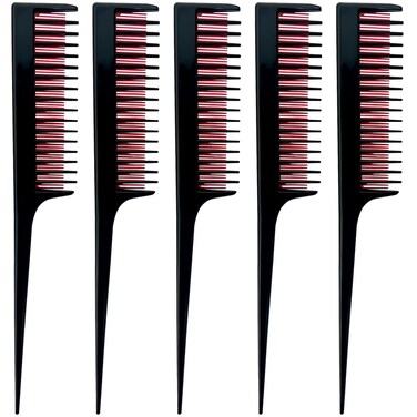 5-Piece Triple Teasing Comb Set - Rat Tail Combs for Women, Perfect for Adding Volume and Evening Styling (Black with Red, 8 x 1.2 inch)