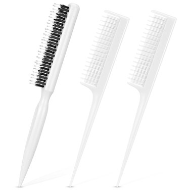 Patelai 3 Pcs Hair Teasing Comb Set Includes 2 Nylon Triple Comb and Boar Bristle Teaser Brushes for Women Stylist Men Backcombing Slicking Curly Thick Wet Hair(White)