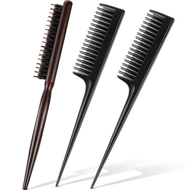 Patelai Hair Teasing Comb Set - 3 Pieces Includes 2 Nylon Triple Teasing Combs and Boar Bristle Teaser Brushes for Women and Men Stylist - Backcombing Slicking Curly Thick Wet Hair(Black)